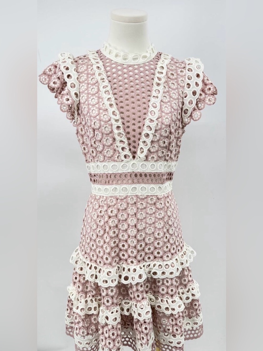Sea New York Josie Dress Pink White Eyelet Tail Lace Crochet Ruffle Mini 4
